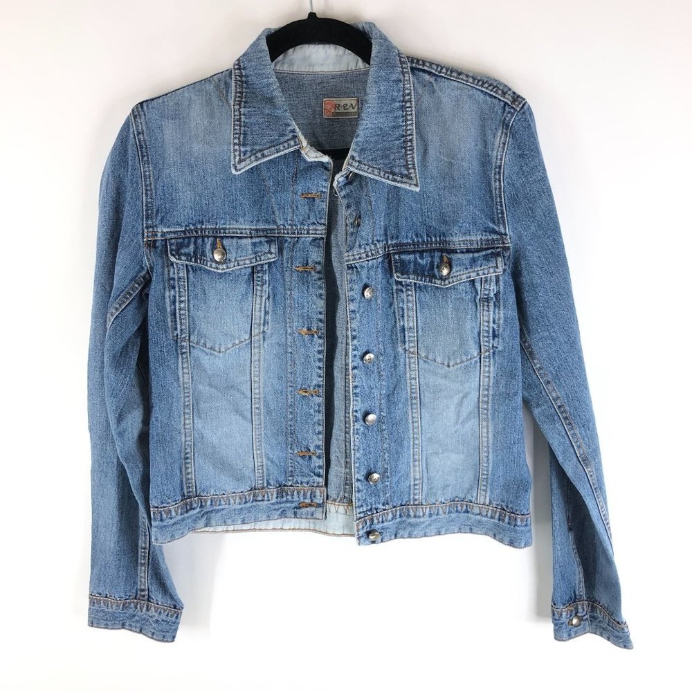 Rev Womens Denim Jacket Vintage Retro Trucker Zig Zag Stitching Medium Wash L